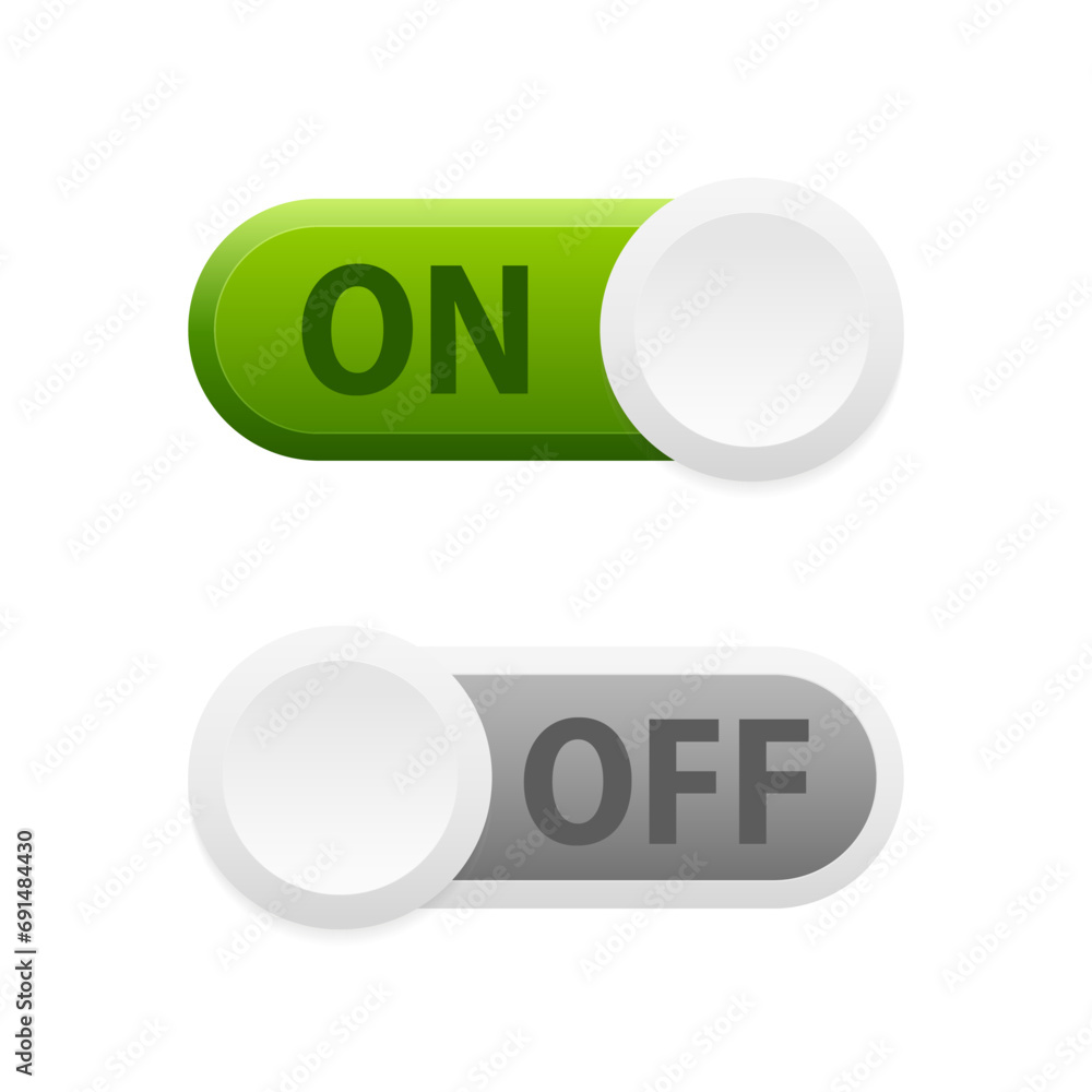 Poster on and off toggle switch buttons with lettering modern devices user interface mockup or template - g