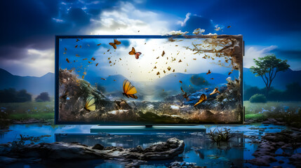 Ecran placé dans la nature montrant un paysage avec des papillons - obrazy, fototapety, plakaty