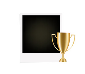 Vector photo frame template with cup competition winner. Photo frame to win the competition. Gold medal. Isolated background photo frames on a white background. Vector illustration