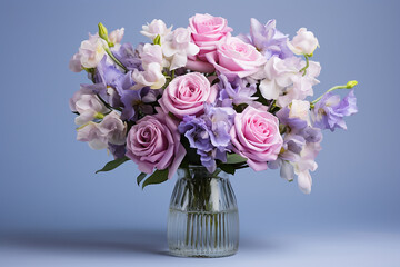 bouquet of flowers in vase with purple background