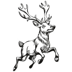 Illustrated Christmas Reindeer, deer Hand Drawn Vintage Sketch, black white isolated Vector ink outlines template for greeting card, logo, poster, invitation