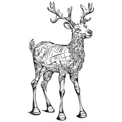 Illustrated Christmas Reindeer, deer Hand Drawn Vintage Sketch, black white isolated Vector ink outlines template for greeting card, poster, logo, invitation