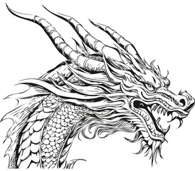 New Year Dragon Symbol Sketch Drawing for 2024 Celebration, black white isolated Vector ink outlines template for greeting card, poster, logo, invitation