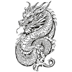 New Year Dragon Symbol Sketch Drawing for 2024 Celebration, black white isolated Vector ink outlines template for greeting card, poster