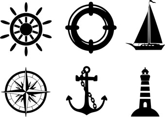 Fototapeta na wymiar Nautical sea ocean sailing icons. Compass anchor wheel bell fish lighthouse symbols. Sailing symbols in high HD resolution illustration.