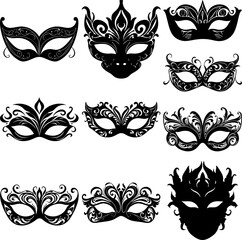 Venetian masquerade mask silhouettes set venice elegant black on white vector isolated - obrazy, fototapety, plakaty