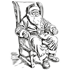 Santa Claus sits in a chair Vintage Engraved Illustration Classic Sketch in Ink for Seasonal Themes, black white isolated Vector ink outlines template for greeting card, poster, invitation, logo