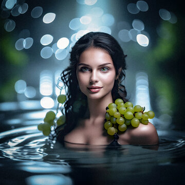 Beautiful Woman swimming in the lake with a bunch of grapes on her shoulder