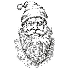 Santa Claus Sketch Illustration Detailed Father Christmas Drawing, Classic Style, black white isolated Vector ink outlines template for greeting card, poster, logo