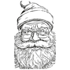 Santa Claus Sketch Illustration Detailed Father Christmas Drawing, Classic Style, black white isolated Vector outlines template for greeting card, invitation, drawing