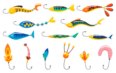 Fishing bait icon set. Fish lure with hook isolated on white background. Abstract contemporary fishery lures and wobblers. Fisher accessories.  fisherman equipment - obrazy, fototapety, plakaty