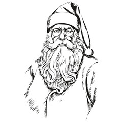 Santa Claus Vintage Engraved Cartoon Detailed Sketch, Classic Style, black white isolated Vector ink outlines template for greeting card, invitation, logo