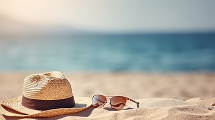 Straw hat the sand ocean beach, sunglasses on seashore background, summer day, copy space for a product - Powered by Adobe