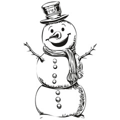 Snowman Line Art Drawing Intricate Vintage Engraving of Festive Snowman in 2024 Theme and Classic Holiday Feel, black white isolated Vector ink outlines template for greeting card