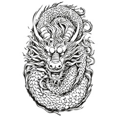 Year of the Dragon Sketch Vintage Engraving and Hand Drawn Illustration, black white isolated Vector ink outlines template for greeting card, poster, image