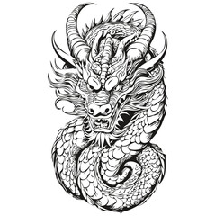Year of the Dragon Sketch Vintage Engraving and Hand Drawn Illustration, black white isolated Vector ink outlines template for greeting card, poster
