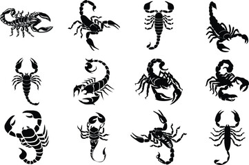 Scorpion in editable vector format. Set of Scorpion Silhouette for tattoo and designing poster or banner. eps 10.