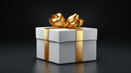 White gift box with a golden ribbon on a black background, AI Generated