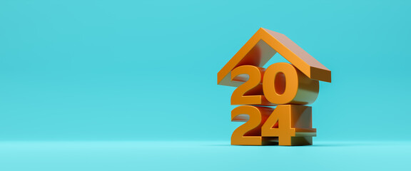 Golden house and key icon with 2024 New Year number on a yellow background. Family budget planning. Investments, plans, savings. Mortgage rates. Real estate concept for home purchase. 3d rendering