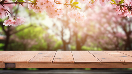 Naklejka na ściany i meble Empty wooden table in Sakura flower Park with garden bokeh background with a country outdoor theme created with Generative Ai