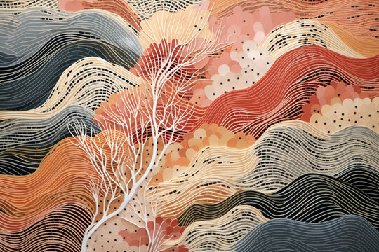 a brown, orange and red piece of art that is printed on paper, in the style of infinity nets, australian landscapes, light pink and dark gray, textural detail, bamileke art, ai generative