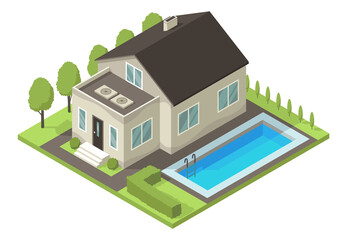Isometric cottage. Suburb house composition with swimming pool and lawn  illustration. Infographic element representing suburban building. Private house enterprises of real estate