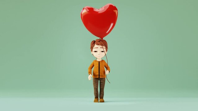 Seamless looping animation of cartoon boy holding red balloon and going to meet. Valentines day concept. 3d render
