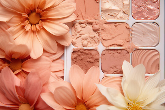 Eye shadow palette in peach colors, close-up with flowers, background for makeup
