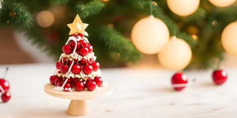 Cone Cake Christmas tree and cherry minimalist on the wooden table with bokeh lights background with copy space