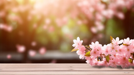 Empty wooden table in Sakura flower Park with garden bokeh background with a country outdoor theme created with Generative Ai