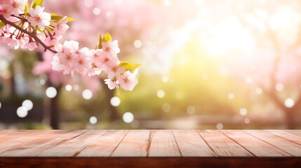 Naklejka na ściany i meble Empty wooden table in Sakura flower Park with garden bokeh background with a country outdoor theme created with Generative Ai