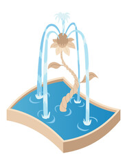 Isometric fountain icon for outdoor park. Modern architecture decor symbol with splashing drops.  city infographic with water decoration elements