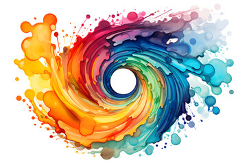 Rainbow colors circle swirl watercolor illustration isolated on white background. Dynamic spiral composed abstract shape