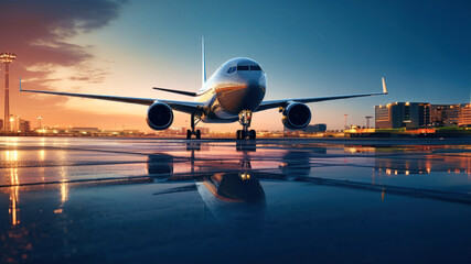 Passenger plane on the runway. Airplane landing against sunset background. Air passenger transportation.
