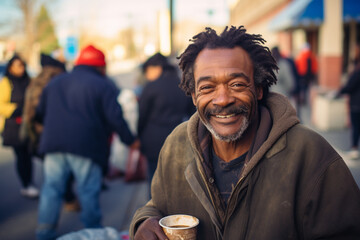 A homeless African American man eats at a street canteen for the poor.