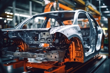 Fototapeta premium Automated assembly line for robot manipulators for the production of high-tech electric vehicles running on clean energy.