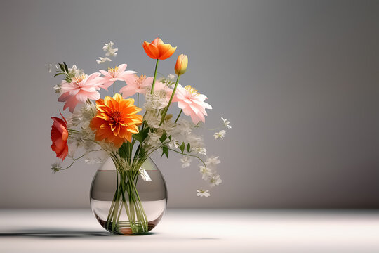 A beautiful bouquet of flowers in a glass vase against a background of a gray wall with a shadow.