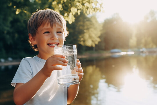Cute child drinks water from a glass in nature against the background of a river in the village