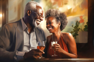 The concept of an active social lifestyle for older people. An elderly dark-skinned couple drinks alcoholic drinks in a bar or restaurant. Lovers enjoying happy hour at the bar