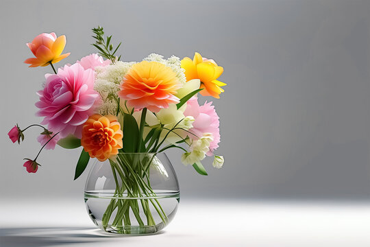 A beautiful bouquet of flowers in a glass vase against a background of a gray wall with a shadow.