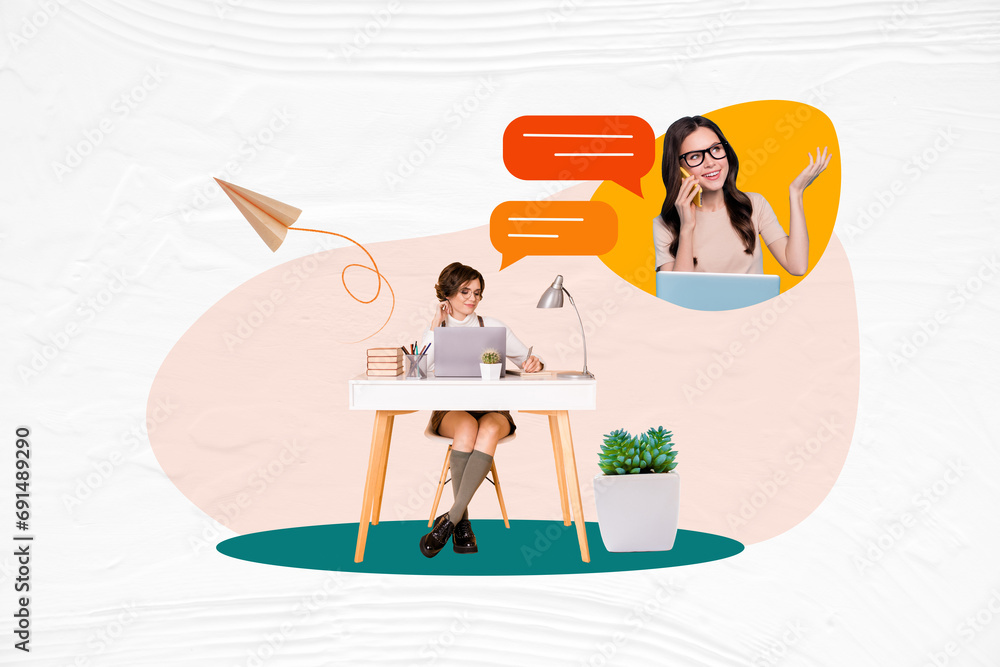 Aufkleber artwork collage image of successful ladies working remotely together communicating wifi connection i