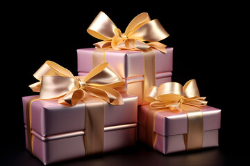 Glowing gift boxes with bow isolated on black background