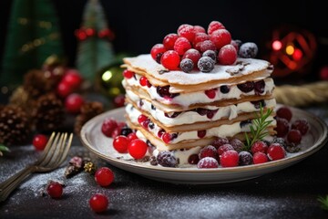 Christmas layered cake with cranberries and powdered sugar