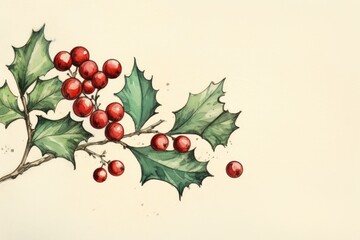 A detailed watercolor illustration of vibrant green holly leaves with bright red berries, a classic symbol of the Christmas season.