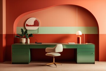 A contemporary home office setup featuring a curved desk, stylish pink chair, and geometric wall panels in warm terracotta hues, complemented by soft lighting and indoor plants.