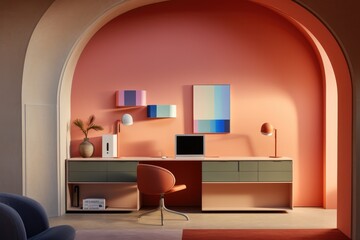 A contemporary home office setup featuring a curved desk, stylish pink chair, and geometric wall panels in warm terracotta hues, complemented by soft lighting and indoor plants.
