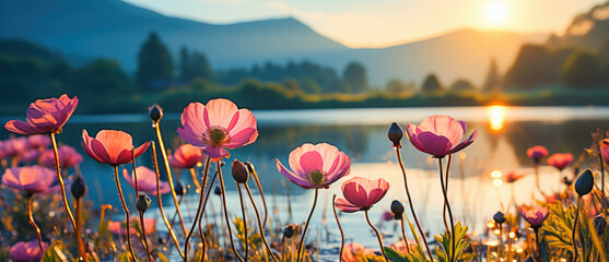 Wildflowers At Sunset by The Lake With Mountain Backdrop