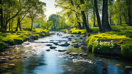 Sunlight over Spring Stream With Budding Trees And Blooming Flowers Along the  Banks, Forest Creek