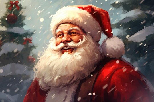 Artistic portrayal of Santa Claus Smiling, highlighted by falling snowflakes and his classic red attire