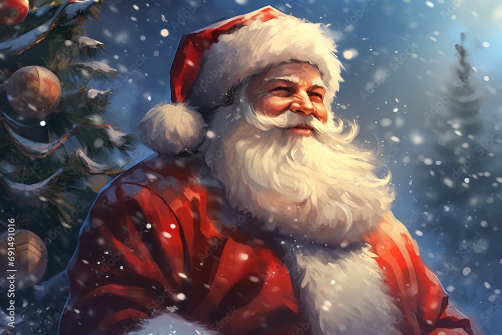 Wall mural artistic portrayal of santa claus smiling, highlighted by falling snowflakes and his classic red att